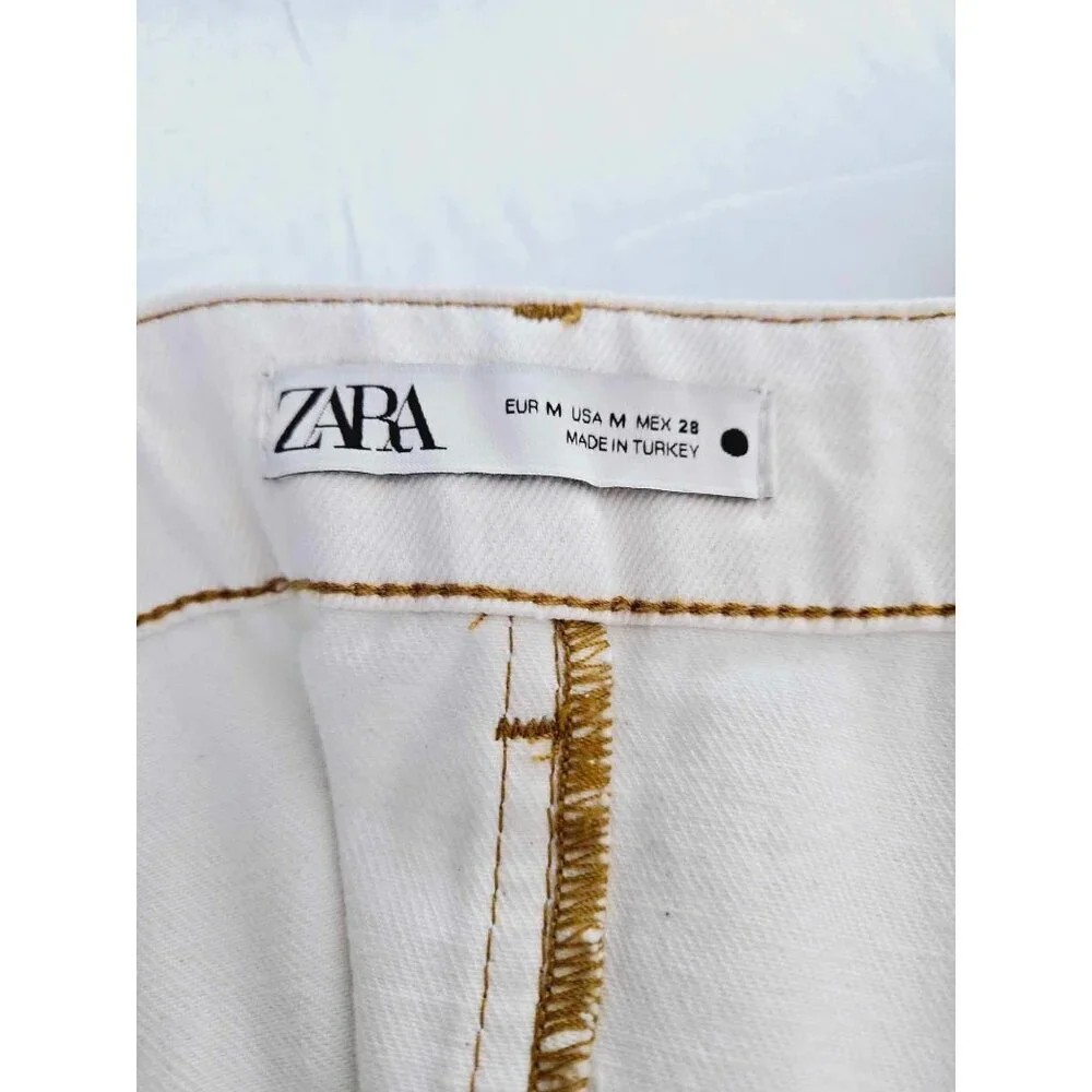 Zara Off White Brown Stitches Denim Overall Dress Bib Skirt Size Medium - Picture 7 of 14